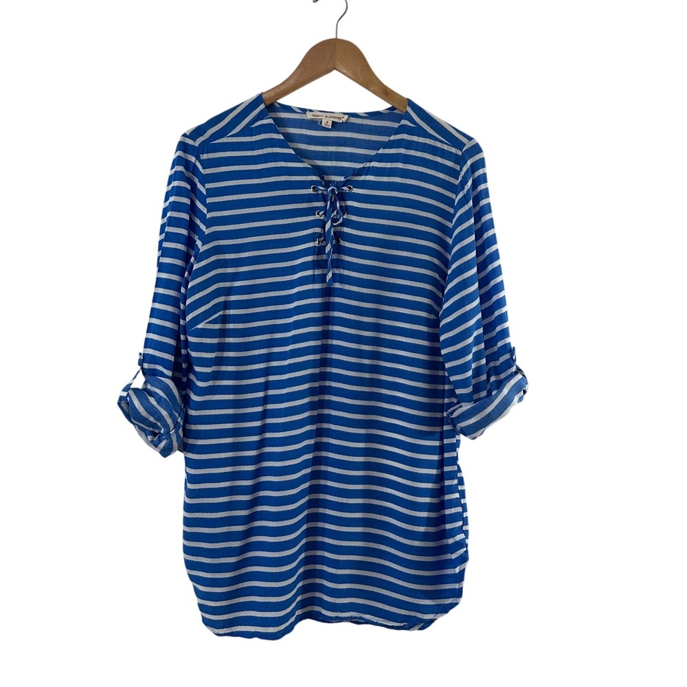 Grand & Greene Blue White Striped Lace Up V Neck Roll Tab Sleeve Blouse Small